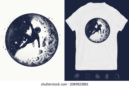 Astronaut and moon tattoo and t-shirt. Spaceman and new planets. Vector graphics template. Hand drawn illustration 