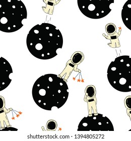 the astronaut in the moon with white background vector seamless pattern - Great for wallpaper,backgrounds,gifs,surface pattern design,packaging design projects, stationary,fabric