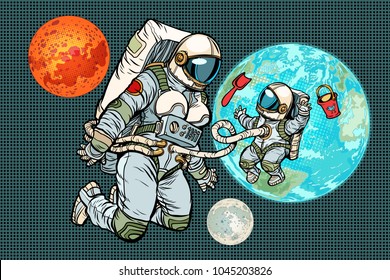 Astronaut mother and child on planet Earth. Humanity and the universe. Pop art retro vector illustration comic cartoon vintage kitsch drawing