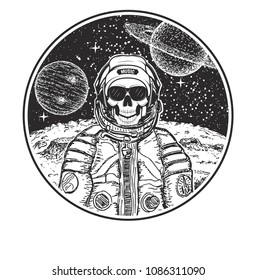 Astronaut music skull vector hand drawn illustration. Human skull in hat, sunglasses and spacesuit listening to music. Modern t-shirt design template.