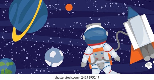 Astronaut near a spaceship in space with stars and planets. Cosmonaut exploring the galaxy, universe adventure vector illustration.