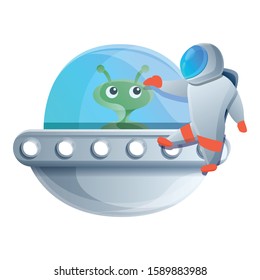 Astronaut near ufo spaceship icon. Cartoon of astronaut near ufo spaceship vector icon for web design isolated on white background