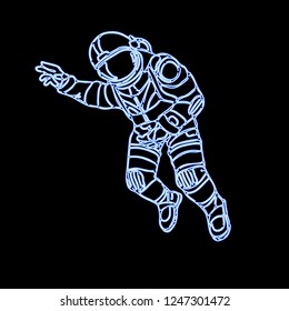 Astronaut In Neon Spacesuit. Vector Illustration Cosmonaut. Beautiful Realistic Drawing, Patch, Tattoo. Vintage Pictures, Postcard, Tattooing, Background, Wallpaper