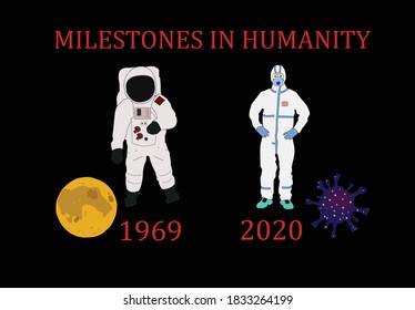 an astronaut next to the moon and a covid worker next to the virus