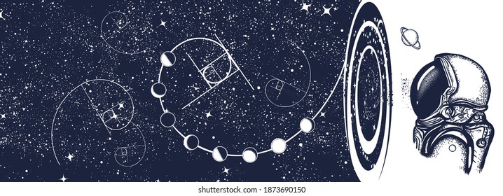 Astronaut, Night Sky And Universe. Black Hole Art. Symbol Of Knowledge, Studying, Science. Black And White Surreal Graphic 