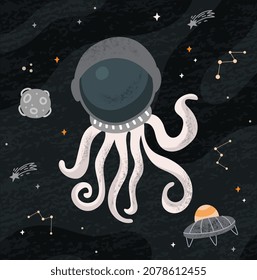 Astronaut octopus concept. Space planets trave, aliens stars. Poster banner presentation. Graphic elements for website adventure, picture for baby clothes. Cartoon flat vector illustration