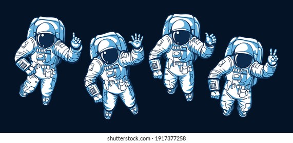 Astronaut ok hello victory signs. Illustrated astronauts floating in vacuum space without gravity with various hand gestures