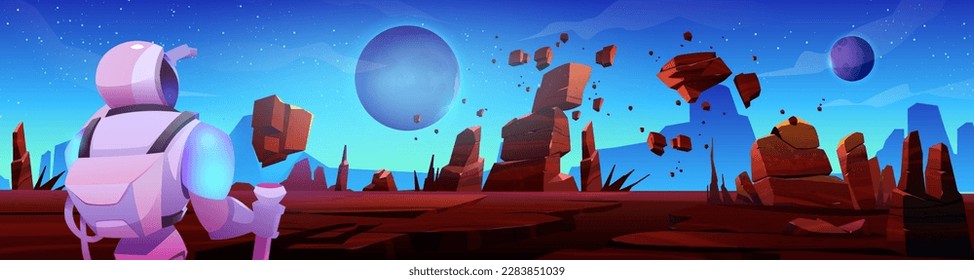 Astronaut on alien planet cartoon background. Cosmonaut in space suit and helmet explore futuristic fantasy universe landscape. Science man on mars desert ground mission game search human scene.