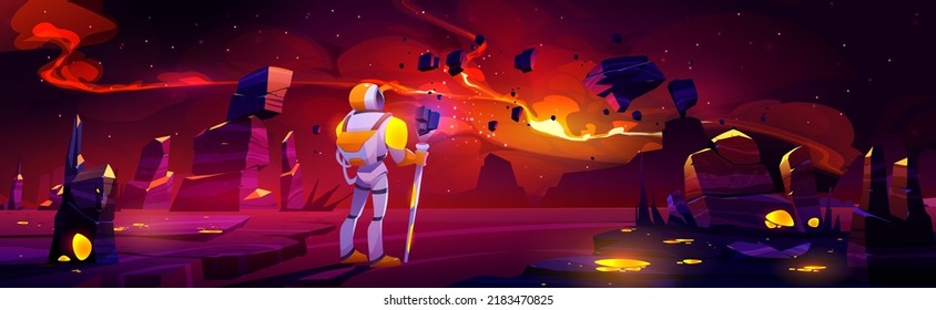 Astronaut on alien planet in far galaxy. Cosmonaut in suit and helmet holding staff look on dark starry sky with glowing nebula in space. Spaceman stranger explore universe Cartoon vector illustration