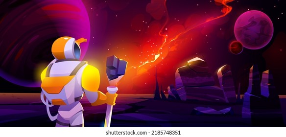 Astronaut on alien planet in far galaxy. Cosmonaut in suit and helmet holding staff look on dark starry sky with glowing nebula in space. Spaceman stranger explore universe Cartoon vector illustration