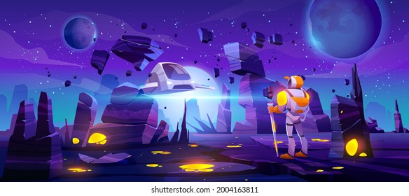 Astronauta en el planeta alienígena y nave espacial voladora. El Cosmonauta y el autobús exploran el espacio exterior. Ilustración vectorial de la superficie futurista del planeta con cohete y hombre de traje y casco