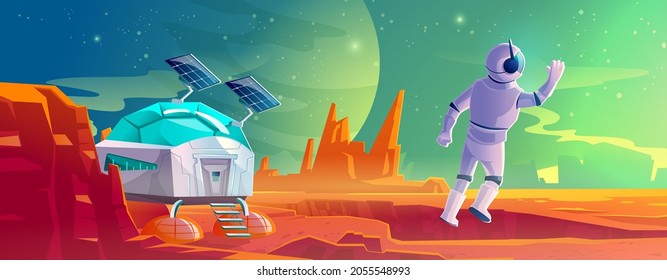 Astronaut on alien planet landscape with scientific laboratory. Cosmonaut in suit and helmet in far galaxy explore outer space. Spaceman on station, cosmos colonization. Cartoon vector illustration