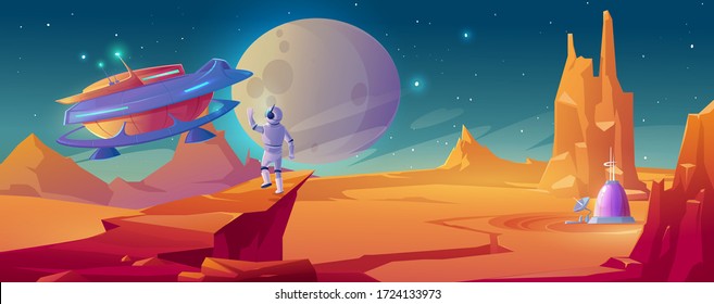 Astronaut on alien planet waving hand to spaceship. Cosmonaut in suit and helmet in far galaxy explore outer space greeting UFO. Spaceman on station, cosmos colonization. Cartoon vector illustration