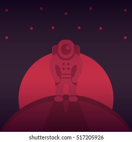 astronaut on another planet, human mission to mars, space exploration, interplanetary travel, vector illustration