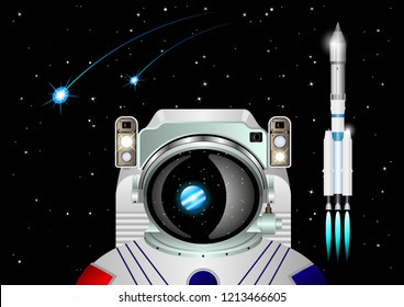 astronaut on the background of space, comets, rocket, the reflection of the planet on the helmet. Realistic 3d vector Illustration