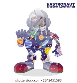 Astronaut on the background of space. Double exposure. Isolated on white background. Vector illustration.