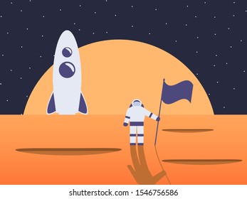 Astronaut on the background of a spaceship. Colonization of Mars. Vector illustration