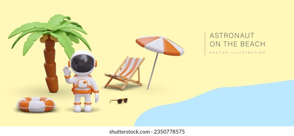 Astronaut on beach. Organization of long trips. Concept for travel agency. Rest by sea. Vacation by ocean. Summer party. Space discounts. Color vector concept