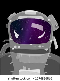 Astronaut on black background, stars and galaxies in reflection, vector illustration