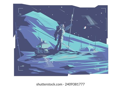 Astronaut on Celestial Body, vector illustration. Scene depicts an astronaut standing on a celestial body, possibly a moon or planet, with a flagpole and a rover-like vehicle.