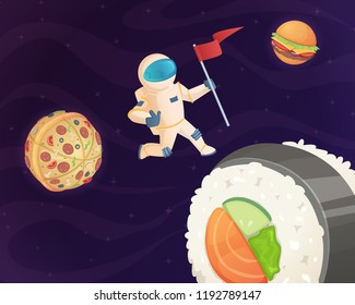 Astronaut on food planet. Fantasy space world with candy fast food burger pizza and various sweets stars fantastic sky vector background. Cosmonaut in cosmic space dream with burger illustration
