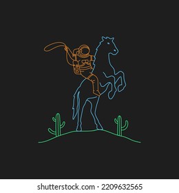 Astronaut on a horse line art illustration. Neon art design of an astronaut riding a horse holding a rope.