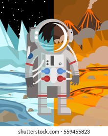 astronaut on hot and cold planet surfaces