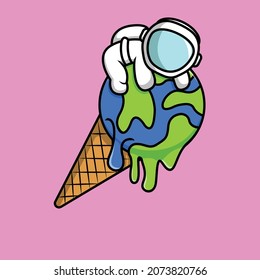 Astronaut On Ice Cream Earth Cartoon Vector Icon Illustration. Science Food Icon Concept Isolated Premium Vector. Flat Cartoon Style