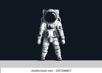 Astronaut on isolated black background in black and white. Vector image