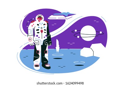 Astronaut on lunar mission space exploration vector illustration. Science and future tourism flat style. Spaceship travel to moon and research galaxy or universe concept