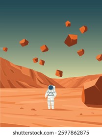 Astronaut on Mars Landscape with Falling Rocks vector illustration