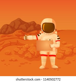 Astronaut on the Mars surface with blank sign making hitchhiker's gesture. Vector illustration. Rocks and mountains on the background.