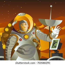 astronaut on mars surface with land rover