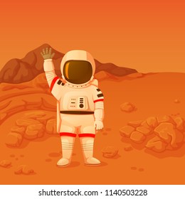 Astronaut on the Mars surface waving hand in a welcoming gesture. Vector illustration. Rocks and mountains on the background.