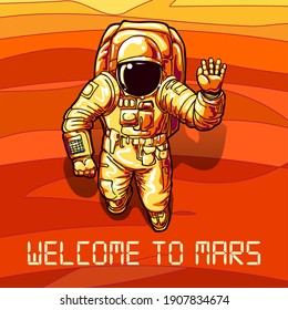 Astronaut on mars. Vector computer illustration with spaceman pioneer on cosmos red planet surface, planets discovery poster, galaxy exploration concept