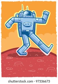 Astronaut on Mars - vector illustration of human astronaut walking on mars' surface