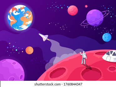 An astronaut on Mars watches a spaceship fly in space to the Earth