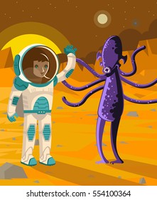 astronaut on mars wavin a dark strange martian lifeform alien