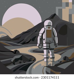 Astronaut on Moon, Art Deco Vector Poster with Abstract Hand Drawing