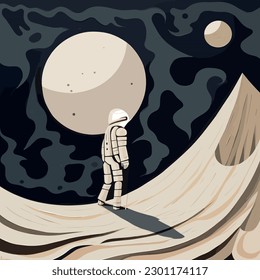 Astronaut on Moon, Art Deco Vector Poster with Abstract Hand Drawing