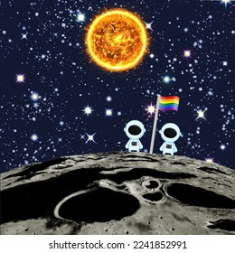 astronaut on the moon carrying the LGBTQ+ flag