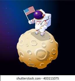 Astronaut on the moon. The moon and an astronaut. Cartoon astronaut on the moon.  American flag on the moon. Astronaut in a spacesuit. 