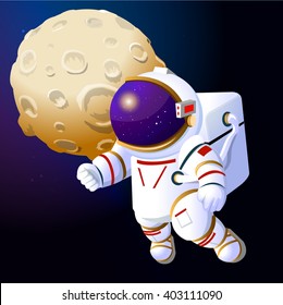 Astronaut on the moon. The moon and an astronaut. Cartoon astronaut on the moon. Astronaut in a spacesuit.