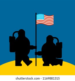 Astronaut on moon and flag USA. Cosmonaut made in America. spaceman Vector illustration
