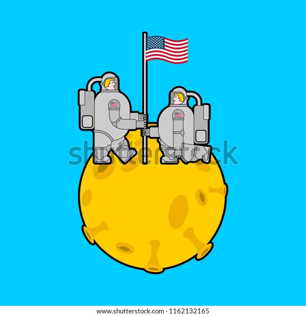 Astronaut on moon and flag USA. Cosmonaut \
 America. spaceman Vector\
illustration\
