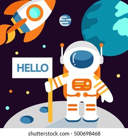 Astronaut on the moon in flat style, vector illustration, outer space