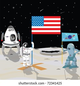 astronaut on the moon holding american flag with alien and spaceship