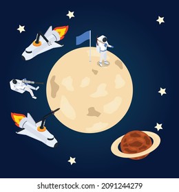 Astronaut on the moon isometric 3d vector concept for banner, website, illustration, landing page, flyer, etc.