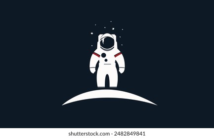 Astronaut on the moon or outer planet surface in the open space isolated on dark black background. View from moon. Minimalistic icon logo style vector illustration.