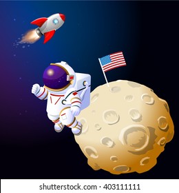 Astronaut on the moon. The moon, rocket and an astronaut. Cartoon astronaut on the moon. Rocket fly to the moon. American flag on the moon. Astronaut in a spacesuit.